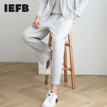 IEFB /pánskeho oblečenia na jar nový skladaný bežné rovné nohavice 2021 trendy voľné členok-dĺžka elastický pás zložiť nohavice 9Y3843 JF150