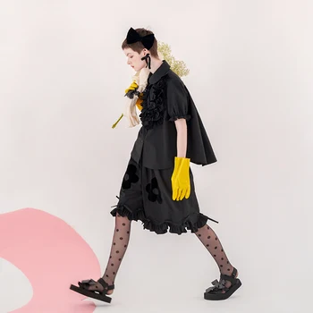 Imakokoni čierny kvet čipky nohavice originálny dizajn Japonský širokú nohu nohavice 20 Xia Xin 202909