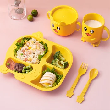 Imebaby detí riad päť-kus dieťa kŕmenie doska set roztomilé malé žlté kačice vidlička, lyžica ryže lyžice dieťa darček