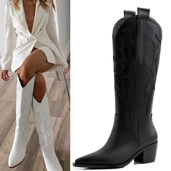 IN žena ukázal prst koleno dĺžke boot ženy kožené vyšívané vysokej boot robustný nízkom podpätku V otvorených žena západnej kovboj slim boot