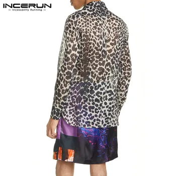 INCERUN Leopard Tlač Tričko Mužov Transparentné Klope 2021 Sexy Tlačidlo Dlhý Rukáv Strany nočný klub Košele Streetwear Módy Camisas