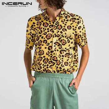 INCERUN Lete Mužov Leopard Tlač Tričko Chic Streetwear Krátky Rukáv Klope Módne Pláži Havajské Košele 2021 Bežné Camisa 5XL 7