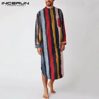 INCERUN Muži Takí Multicolor Prekladané Stojan Golier Sleepwear Dlhý Rukáv Voľný čas Bavlnené oblečenie pre voľný čas Župany Mens Nightgown S-5XL
