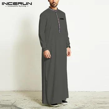 INCERUN Vintage Mužov Jubba Thobe Moslimských Islamskej arabčina Kaftan Dlhý Rukáv Patchwork Rúcha Dubaj Saudská Arábia Kaftane Mužov Oblečenie
