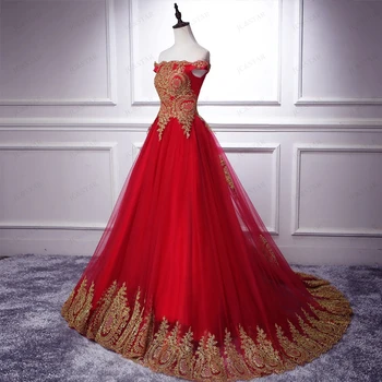 Indian svadobné šaty nové tylu zlato nášivka MIMO ramenný Riadku červené vestido de noiva princesa Sweep Vlak pláži svadobné šaty