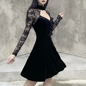 InsDoit Gotický Sexy Duté Von Čierne Šaty Vintage Velvet Vysoký Pás Mini Šaty Lady Elegantné Prehrabať Oka Dlhý Rukáv Šaty