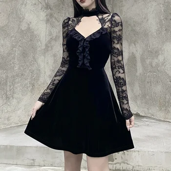 InsDoit Gotický Sexy Duté Von Čierne Šaty Vintage Velvet Vysoký Pás Mini Šaty Lady Elegantné Prehrabať Oka Dlhý Rukáv Šaty