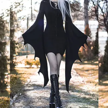 InsGoth Gotický Vysoký Pás Čierne Šaty Vintage Estetické Bat Rukáv Mini Šaty Goth Elegantné Obväz Party Šaty Žien Oblečenie