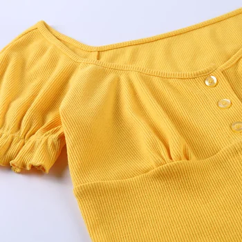 InstaHot ženy tričko lete prehrabať rukáv slim plodín topy bežné elegantné 2020 fashion tričko tlačidlo stratchy mäkké čaj slim top
