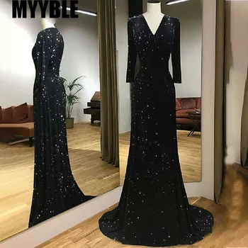 Iskrivý Black Sequin Morská víla Večerné Šaty Dlhé Rukávy 2020 Elegantného tvaru Plus Veľkosť Ženy Formálnej Strany Šaty Dlhé Prom Šaty