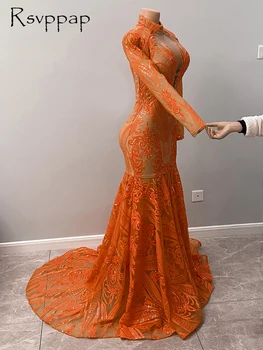 Iskrivý Orange Dlhé Šaty Ples 2020 Vysoký Krk Dlhý Rukáv Vysoká Krku Sexy Africkej Ženy Black Dievčatá Morská Víla Sequin Prom Šaty