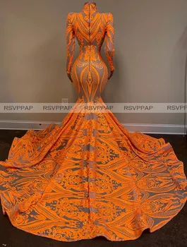 Iskrivý Orange Dlhé Šaty Ples 2020 Vysoký Krk Dlhý Rukáv Vysoká Krku Sexy Africkej Ženy Black Dievčatá Morská Víla Sequin Prom Šaty