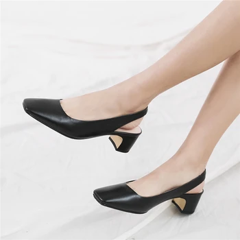 ISNOM Hrubé Vysoké Podpätky Sandále Ženy Originálne Kožené Sandále Slingback Office Topánky Žena Námestie Špičkou Topánky Dámy 2019 Nové