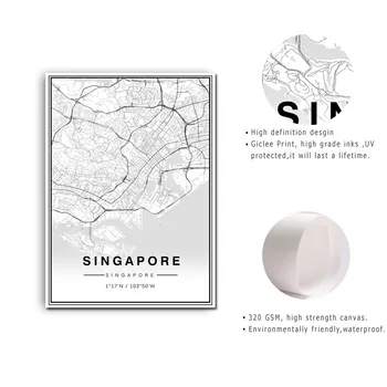 ISTÝ ŽIVOT Minimalistický Singapur, Mapu, Plagát, Tlač na Plátno, Maľovanie Čiernej A Bielej Cestovné Wall Art Obrázky Domova