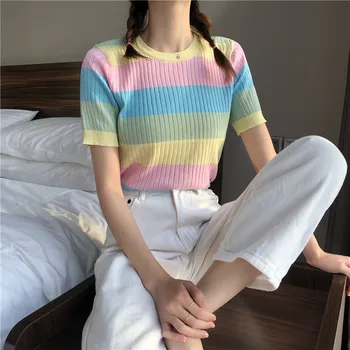 ITOOLIN 2020 Nové Letné T-Shirts Ženy Rainbow Prekladané Slim Fit Čaj&Topy Letné Krátke Sleeve T-shirts Žena O-krku Pletený Topy