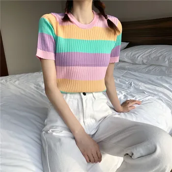 ITOOLIN 2020 Nové Letné T-Shirts Ženy Rainbow Prekladané Slim Fit Čaj&Topy Letné Krátke Sleeve T-shirts Žena O-krku Pletený Topy