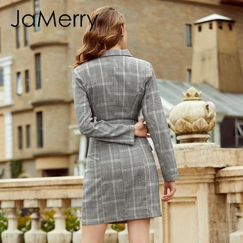 JaMerry Vintage dvojité breasted pás kockované šaty Elegantné ženy office dámske sako šaty s Dlhým rukávom žena jeseň mini šaty