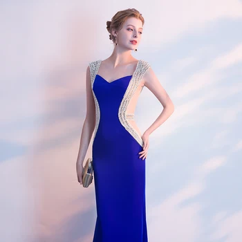 JaneVini Luxusné Perly Crystal Morská víla Dlho Bridesmaid, Šaty Milú Satin Dĺžka Podlahy Kráľovská Modrá Prom Šaty pre Ženy