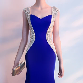 JaneVini Luxusné Perly Crystal Morská víla Dlho Bridesmaid, Šaty Milú Satin Dĺžka Podlahy Kráľovská Modrá Prom Šaty pre Ženy