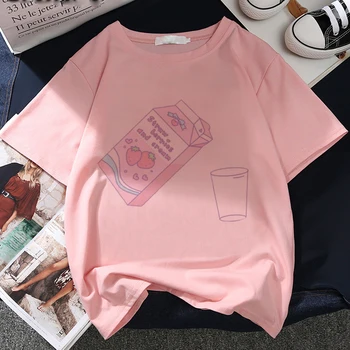Japonsko Jahodový Džús Grafické Tlače T-shirt Ženy 2020 Nové Letné Módne Tričko Tee Harajuku Estetické Ružový Top Žena T Tričko