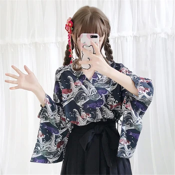 Japonské Tradičné Štýl Ženy Kimono Koi Haori Kvetinový Tlačené Šaty Harajuku Yukata Dievčatá Skladaná Sukňa Nastaviť Streetwear Oblečenie