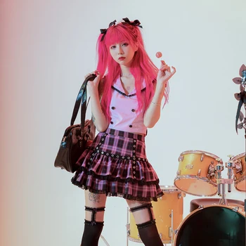 Japonský Dizajn Čipky Červené Ružové Kockované Sukni, Hot Girl Punk Sladké Lolita Kawaii Tortu Mini Sukne Školy Sexy 2020 Lete Jupe Nové