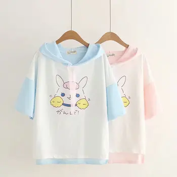 Japonský Harajuku Kawaii Králik Dievčatá Tričko Kórejský Roztomilý Zajačik Príležitostné Letné Topy Krátky Rukáv Ženský Čaj Ženy Ružové Oblečenie 90