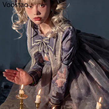 Japonský Harajuku Sladké Lolita OP Šaty, Dievčenskú Fialová Tmavé Mraky Tlač Princezná Šaty Žien Gotický Luk Čipky Tea Party Šaty