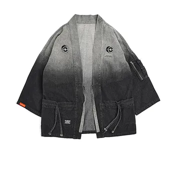 Japonský Streetwear Kimono Bunda, Kabát Mužov Cardigan Hip Hop Japonskom Štýle Denim Džínsy Vrecká Na Zips, Harajuku Módne Bežné Bunda