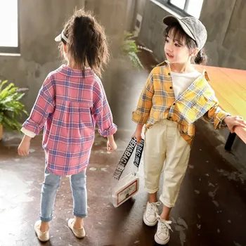 Jar Batoľa detský Dievča oblečenie s dlhým rukávom voľné kockované košele bunda pre deti, dievčatá oblečenie bežné top shirt dieťa, blúzky
