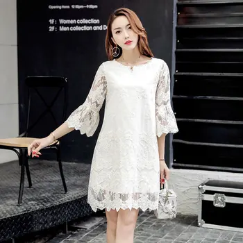 Jar, Jeseň kórejský Módne Ženy Šaty Plus Veľkosť-line Slim Čipky, Výšivky podkolienok Šaty Sladké Roztomilý Biele Šaty D203