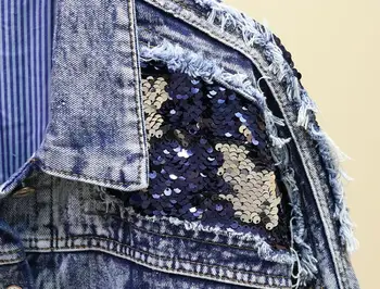 Jar, Jeseň Ženy Harajuku Modrá Sequined Denim Jacket Kabát Roztrhlo Bling Jean Bundy Študent Základné Krátka Srsť Oblečenie