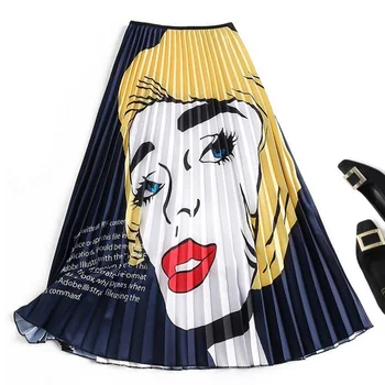 Jar Sukne Ženy 2020 Nové Jesenné Módne Tlač Cartoon Vzor Streetwear Sukne Dámske Elastické Vysoký Pás Skladaný Midi Sukne