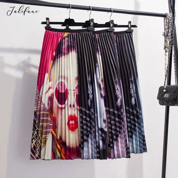 Jar Sukne Ženy 2020 Nové Jesenné Módne Tlač Cartoon Vzor Streetwear Sukne Dámske Elastické Vysoký Pás Skladaný Midi Sukne