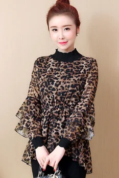 Jarná móda sexy lady leopard tlač šifón tričko 2019 kórea štýl butterfly sleeve stand golier voľné plus veľkosť, blúzky