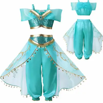 Jasmine Aladdin Thajskom Štýle, Baby, Dievčatá Dieťa Odev Maškarný Princess Tričko, Vesta Topy+Bell Dna Nohavice Strany Kostým 3-8Years