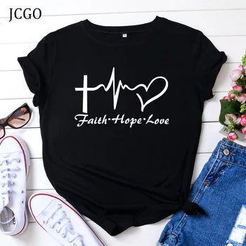 JCGO Lete Bavlna Ženy Tričko S-5XL Plus Veľkosť Krátky Rukáv Srdce Láska Grafické Tlače Tees Topy Príležitostné O-Krku Ženy Oblečenie