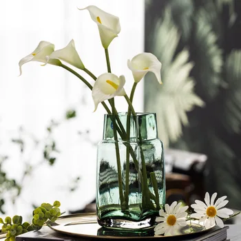 Jednoduchosť Námestie Sklenené Vázy Hrubé Nordic Obývacia Izba Vázy pre Domova Sušené kvety Fľaša Bar Dekorácie Modrá