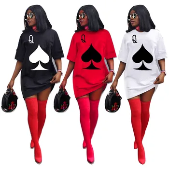 Jednofarebné Poker Q Printting Krátky Rukáv Kolo Krku Ženy Jeseň Nové Mini Šaty Módne Príležitostné Voľné Sveter