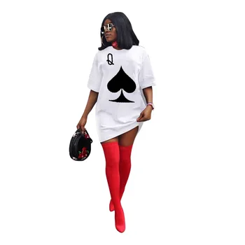 Jednofarebné Poker Q Printting Krátky Rukáv Kolo Krku Ženy Jeseň Nové Mini Šaty Módne Príležitostné Voľné Sveter
