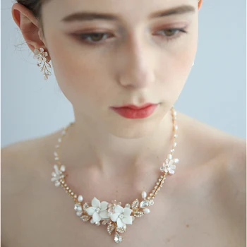 Jemná Kvetinová Svadobný Náhrdelník s Náušnicami Sladkovodné Perly Ženám Jewelrys Ručné Ples Svadobné Šperky Set