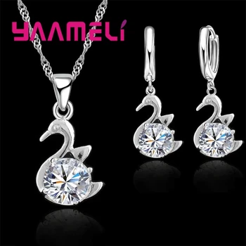 Jemné 925 Sterling Silver Šperky Sady Príslušenstva Ženy Austrian Crystal Swan Tvarované Náhrdelník Drop Náušnice Darčekové Sady