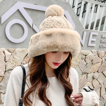 Jesenné a zimné dámske bavlnené cashmere Pulóver klobúk tri vlny loptu roztomilý pribrala studenej dôkaz teplou farbou pletené klobúk