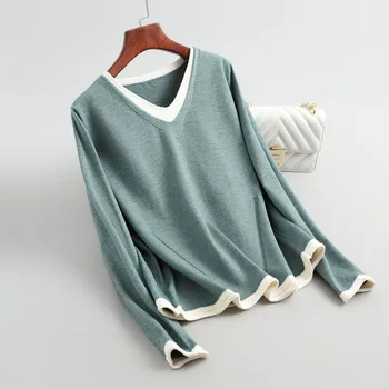 Jesenné a zimné dámske svetre bežné farbou tvaru dlhé rukávy falošné dvoch-dielny sveter