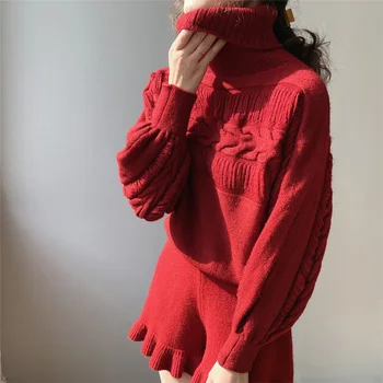 Jesenné a zimné dámske svetre bežné farbou vysoký krk dlhý rukáv voľné sveter