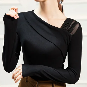 Jesenné a Zimné Nový Dizajn Zmysel pre Šikmé Rameno Black Slim Klesnutie Tričko dámske Vnútorné Nosenie Malých Tričko Európskej Tovaru