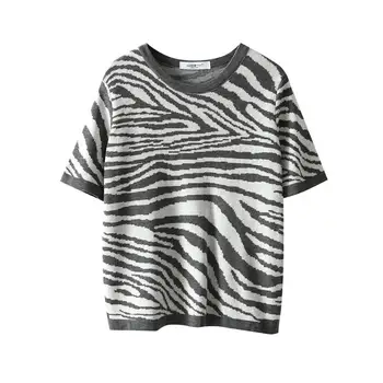Jeseň 2020 Módne Okrúhlym Výstrihom, Krátky Rukáv Topy Ženy Zebra Prekladané Tenké Pletený Sveter Žena T-Shirt