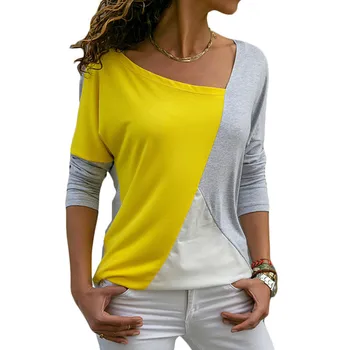 Jeseň 2020 Ženy Dlhý Rukáv T-Shirt Módne Patchwork Farebný Blok Tričko Bavlna Príležitostné Voľné Topy Elegantné Dámy Office T-Shirt