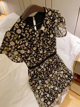 Jeseň 2020 ženy Party Šaty Dráhy Dizajnér Krátky Rukáv Luxusné Kvetinové Flitrami Mini Šaty vestido de mujer ženy oblečenie