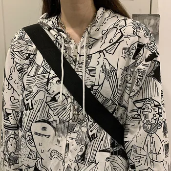 Jeseň Cartoon Hoodies Ženy Bežné Hip Hop Harajuku, Mikiny Japonsko High Street Zips S Kapucňou, Módne Zimné Graffiti Topy